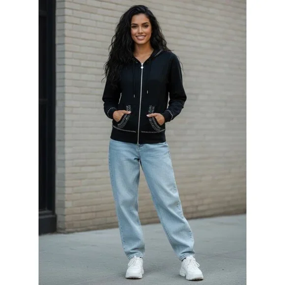 Vtg 90s Black Embroidered Sequin Beaded Zip Up Hoodie | Y2K Skater Grunge Retro - Picture 16 of 16